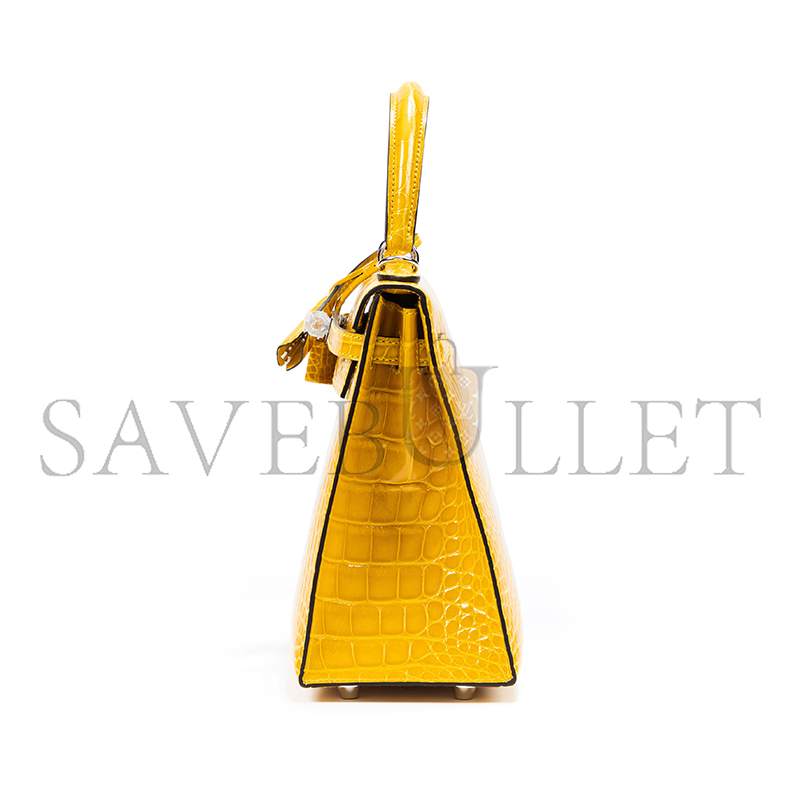 H**mes master kelly 25 nile crocodile leather amber yellow silver buckle (25*17*7cm)